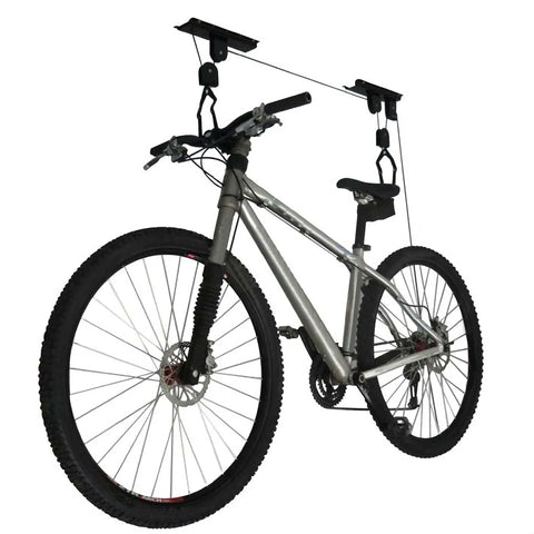 Bicycle Hoist Garage Storage Kit 2-Pack With 100 Lb Capacity, No Sweat Install Ceiling Mounted Bike Lift with rubber coated hooks.