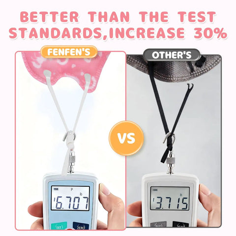 Comparison of Kid Friendly KN95 Face Mask Disposable Unicorn Design for Ages 4-12 with another mask showing strength test results.