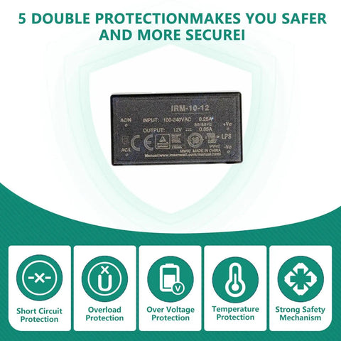 Heavy Hitter 10W AC DC Switching Power Supply Module 12V PCB Mount Universal AC Input, showing specifications and safety features.