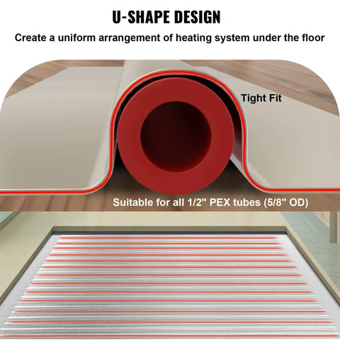U-shape design of PEX Radiant Floor Heat Transfer Plates 100 Pack, showcases tight fit for 1/2 inch tubing under flooring.