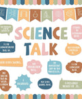 Science Themed Bulletin Board Set For Classrooms With Cool Boho Vibe Back To School Classroom Decoration Kit Includes Science Talk Title Banner 12 Sentence Starters 8 Banner Cutouts 14 Borders And 6 Sheets Dots featuring speech bubble decorations on a board.