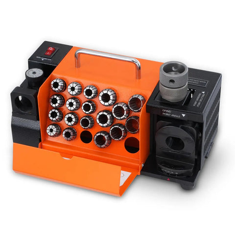 Heavy Duty Drill Bit Sharpener For Professionals And DIY Heroes, precise 3mm to 20mm with 18 collets in bright orange design.