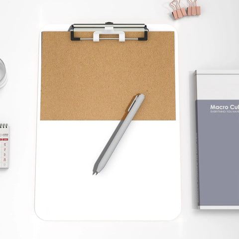 White Plastic Clipboard With Pen Holder And Low Profile Clip 12.5 By 9 Inch Writing Surface A4 And 8.5 By 11 Inch Letter Size Durable Polypropylene Clipboard For Nurses Students Office And On The Go on desk with pen and accessories
