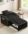 Three In One Velvet Sleeper Chair Bed With Phone Holder And USB Ports in reclined position, black, in cozy living room.