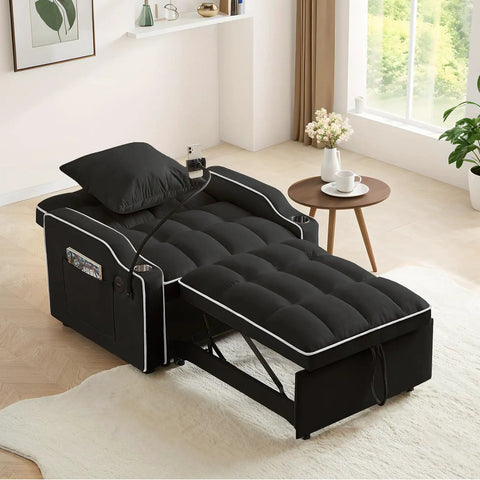 Three In One Velvet Sleeper Chair Bed With Phone Holder And USB Ports in reclined position, black, in cozy living room.