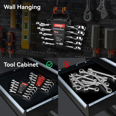 10-Piece Ratcheting Wrench Set With Rack Organizer displayed in a tool cabinet and hung on a wall, showing use options.
