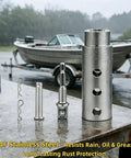 Trailer Jack Drill Adapter for 1 Inch Drive Shaft, heavy-duty stainless steel parts on wet surface with boat trailer in background