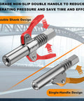Grease gun coupler with red dual-lever handles and metallic body, shown in front and side views