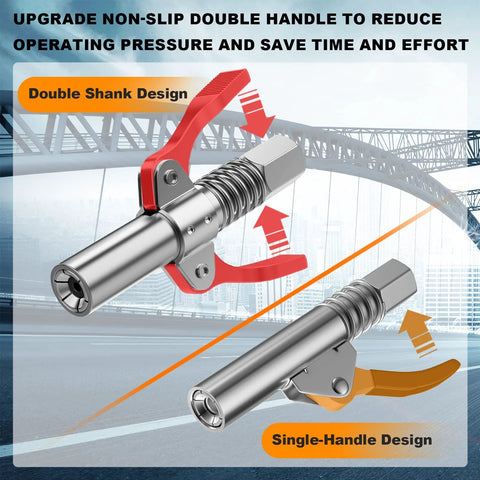 Grease gun coupler with red dual-lever handles and metallic body, shown in front and side views
