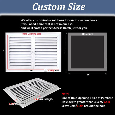 Real Deal Aluminum Louvered Access Panel With Double Door Inspection Hatch And Vented Wall Hole Cover For A Straight Up Smooth Custom Ceiling Or Drywall Install dimensions overview with size and frame details.