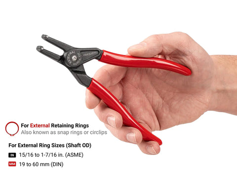 Hand holding 7 Inch 90 Degree External Retaining Ring Pliers With 0.070 In Tips, red handles, for lockring removal in automotive repairs.