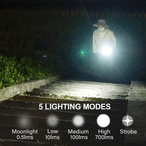 Person using S23 4000 Lumen USB C Rechargeable EDC Flashlight With Mechanical Switch For Outdoor Search on stairs at night