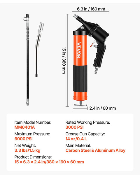Pro Grade Heavy Duty 6000 PSI Grease Gun Kit With Pistol Grip, 14 Oz Capacity, 18 Inch Flex Hose shown on white background