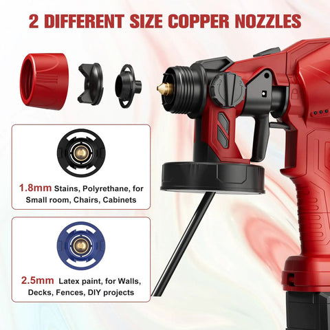 Cordless Paint Sprayer Featuring A Powerful Brushless Motor And Three Adjustable Patterns For Flawless Cabinet And Fence Finishing with copper nozzles.