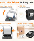 Smart Label Printer features auto paper rewind, RFID chip, easy label installation, and 203 dpi output for quick organization.