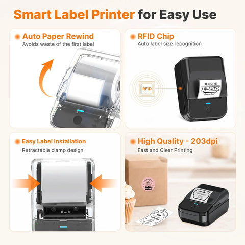 Smart Label Printer features auto paper rewind, RFID chip, easy label installation, and 203 dpi output for quick organization.