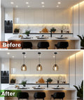 Before and after kitchen lighting upgrade using Give Your Outdated Can Light A Total Glow Up With This Hassle Free Recessed Conversion Kit.