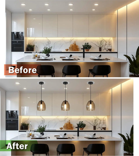 Before and after kitchen lighting upgrade using Give Your Outdated Can Light A Total Glow Up With This Hassle Free Recessed Conversion Kit.