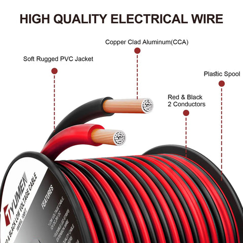 Heavy Duty 14 Gauge Red Black Wire 50Ft 14/2 AWG Parallel DC Cable For 12V 24V LED Strip Lights And Lamp Tape Copper Clad Aluminum Extension Cord For Home And Auto Use showing stranded CCA and PVC jacket on spool.