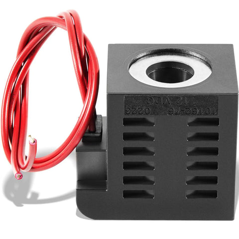 12V DC 22W Solenoid Coil Replacement for Valve Stem Series with dual wire leads and 5/8in hole, shown at an angle.