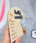 Hot Air Balloon Arch Birth Announcement Sign With 3D Hello World Text And Safari Animal Passengers Baby Name Plaque For Hospital