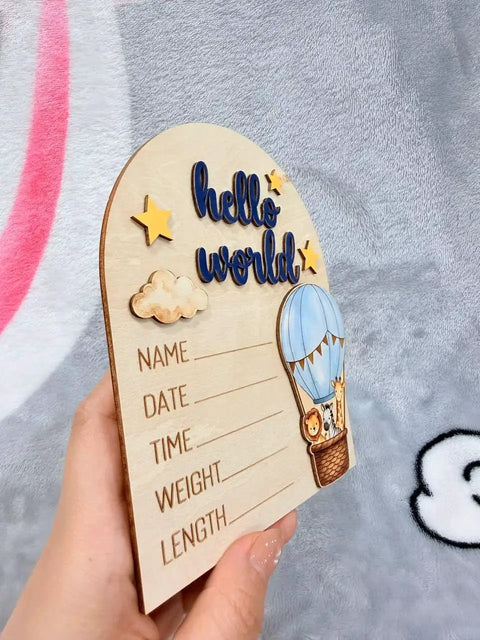 Hot Air Balloon Arch Birth Announcement Sign With 3D Hello World Text And Safari Animal Passengers Baby Name Plaque For Hospital