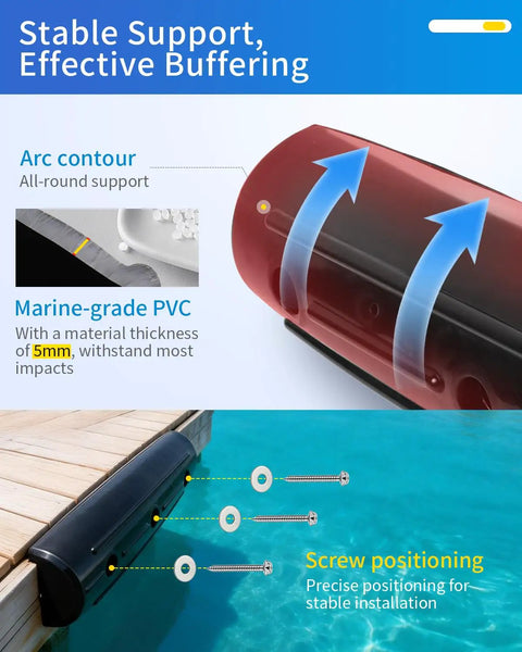 Rig Ready Ultra Heavy Hitter 17 Inch Horizontal Dock Fenders Marine Grade Inflatable Bumpers showing arc contour and installation.