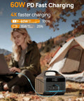Compact 300W Portable Power Station With 192Wh LiFePO4 Battery And 110V AC Outlet beside a woman camping