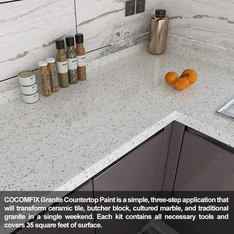 Granite Countertop Paint Kit Epoxy Refinishing For Kitchen And Bath 25X Thick Bright Gloss Coating in Pearl White. DIY setup with spices.