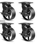 Heavy Duty Cast Iron And Steel Caster Wheels Set Of 4 With Rigid Brackets And Four Brakes For Furniture Workbench Tool Box Equipment