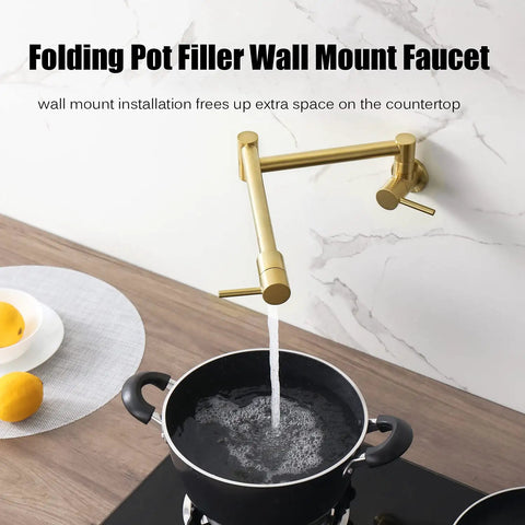 Pot Filler Folding Faucet Wall Mount Solid Brass With Swing Arm Brushed Gold Finish Stretchable Kitchen Sink Faucet For Single Hole Install Two Handle Modern Design Space Saving And Durable