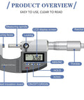 Dual-Mode Outside Micrometer With Digital And Mechanical Readout, Easy Switch, 0-1 Inch And 0-25.4 Mm, Ultra-Precise 0.00005 Inch And 0.001 Mm, Large LCD Display, Pro-Grade Machinist Thickness Gauge With Protective Case. labeled parts view