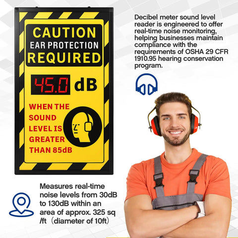 12 By 20 Inch Real Time Decibel Meter Sign With OSHA Caution Ear Protection Required, Wall Mount Aluminum Db Meter, Digital Display Of Current Noise Levels For Quick Safety Notice And Clear Workplace Communication.