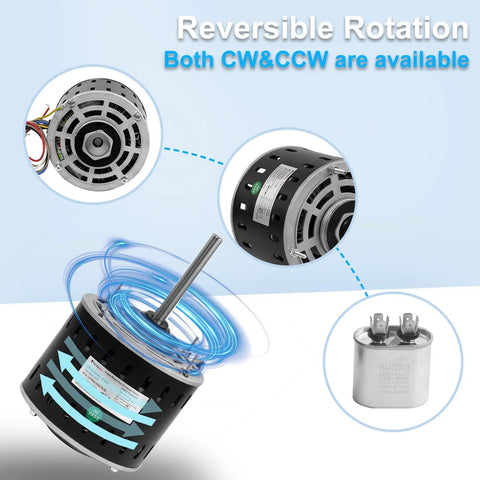 Beefy Direct Drive Blower Fan Motor 1/3 HP 1075 RPM 3 Speed 5.0A Low Current Quiet Reverse Rotation Fits AO Smith, Fasco, GE, Emerson, Franklin, Dayton 48 Frame Sleeve Bearing, reversible rotation diagram