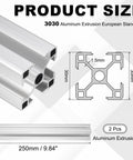 Diagram of Two Piece 250mm 3030 Aluminum Extrusion Profile European Standard Anodized Linear Rail Set and dimensions