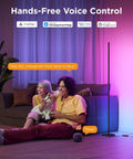 Govee RGBIC floor lamp, side view, purple ambient light beside sofa in living room.