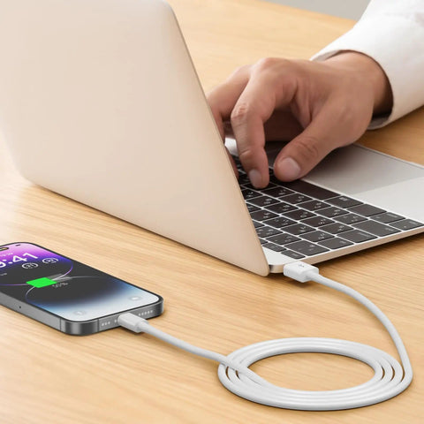 CarPlay USB A To Lightning Charging Cable For iPhone And iPad 3 Foot Car Charger Cord, iPhone charging beside laptop