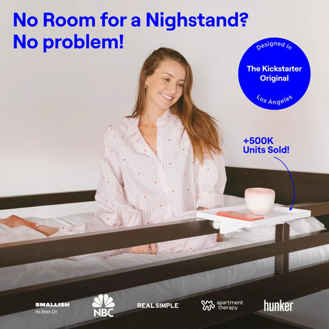 Bedside Shelf For Dorm Room With Cable Catch White Dope Space Saving Nightstand Organizer For Cables And Chargers Eco Friendly Plastic Build Two Point Eight Inch Clamp For Secure Mount, white clamp-on bed rail shelf with cup and phone
