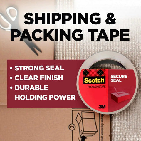 Secure Seal Packing Tape For Shipping And Moving, 1.88 Inch Wide By 54.6 Yard Long, 6 Pack, box and scissors background