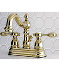 Polished Brass Four Inch Centerset Lavatory Faucet With ABS Brass Pop Up No Fuss, Four And Three Quarter Inch Spout Reach