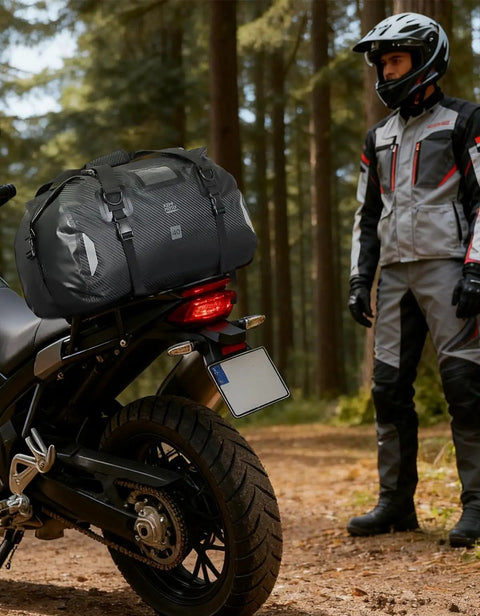 Waterproof Motorcycle Dry Bag Tail Pack Duffle Luggage 40L with Quick Release Straps on motorbike in forest