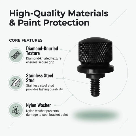 Rock Solid Aluminum Motorcycle Seat Bolts Quick Swap Kit With Knockout Precision Threads For Harley Davidson Sportster Softail Touring Dyna showing diamond-knurled texture and stainless steel stud.