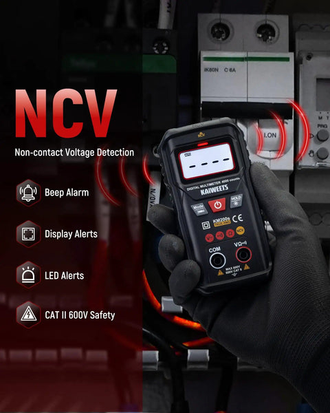 Gloved hand holding Smart Auto Ranging Digital Multimeter True RMS 4000 Counts With Non Contact Voltage Detector NCV in use