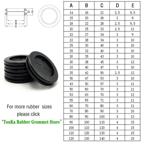 2 Inch Rubber Grommets For Wiring, 42 Mm Inside Diameter Double Sided Round Cable Hole Plugs with size chart and diagram