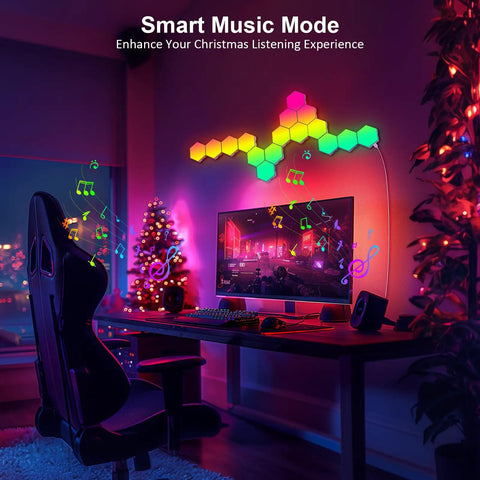 Hexagon RGB LED Light Panels 8 Pack With Music Sync, App Control, And Remote in gaming setup with festive decor