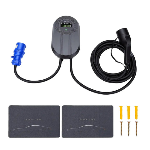 No Sweat Plug And Play Level 2 EV Charger 7kW 32A Wall Mount with digital screen and waterproof cable connector.