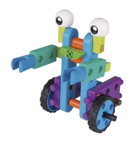 Colorful robot from Robot Engineer STEM Kit for Kids Kid Friendly Build 10 Non Motorized Robots Read Along Storybook Manual Fun Hands On Learning.