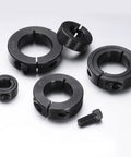 Two Piece Single Split Shaft Collar One And One Eighth Inch Bore One And Seven Eighths Inch Outer Diameter Half Inch Thick Black Oxide Lock Collar With Set Screws 1045 Steel Heavy Duty Clamping Collar For Machinery displayed in various angles.