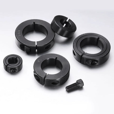Two Pack Single Split Shaft Collar With 5/8 Inch Bore, 1-5/16 Inch Outer Diameter, 7/16 Inch Thick, Black Oxide Lock Collar Clamp With Set Screws, 1045 Steel, shown in multiple sizes