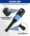 Impact Grade Socket Adapter Set for Quick Change Systems Converts From Hex Shank To One Quarter Inch Three Eighths Inch And One Half Inch Square Drives With Extension Bit Holder For Drills And High Torque Wrenches For Pros And DIYers, featuring secure grip design, durable CRV steel, and chamfered edges for easy placement.
